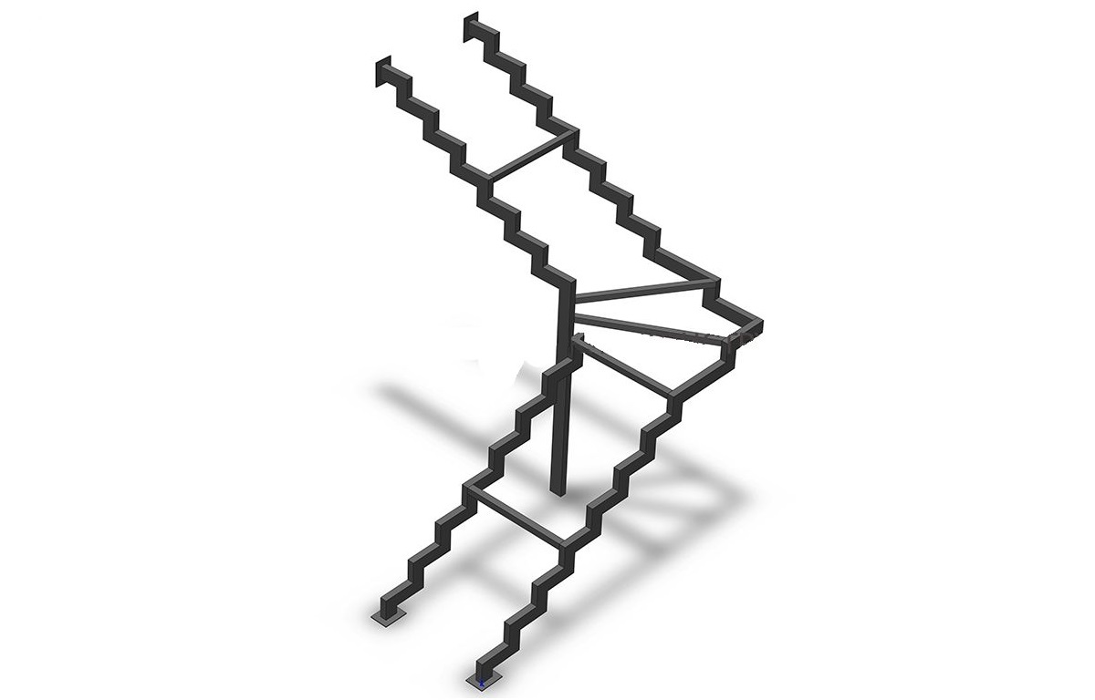 Г-образная металлическая лестница на ломаных косоурах с забежными ступенями и поворотом на 90°&nbsp;